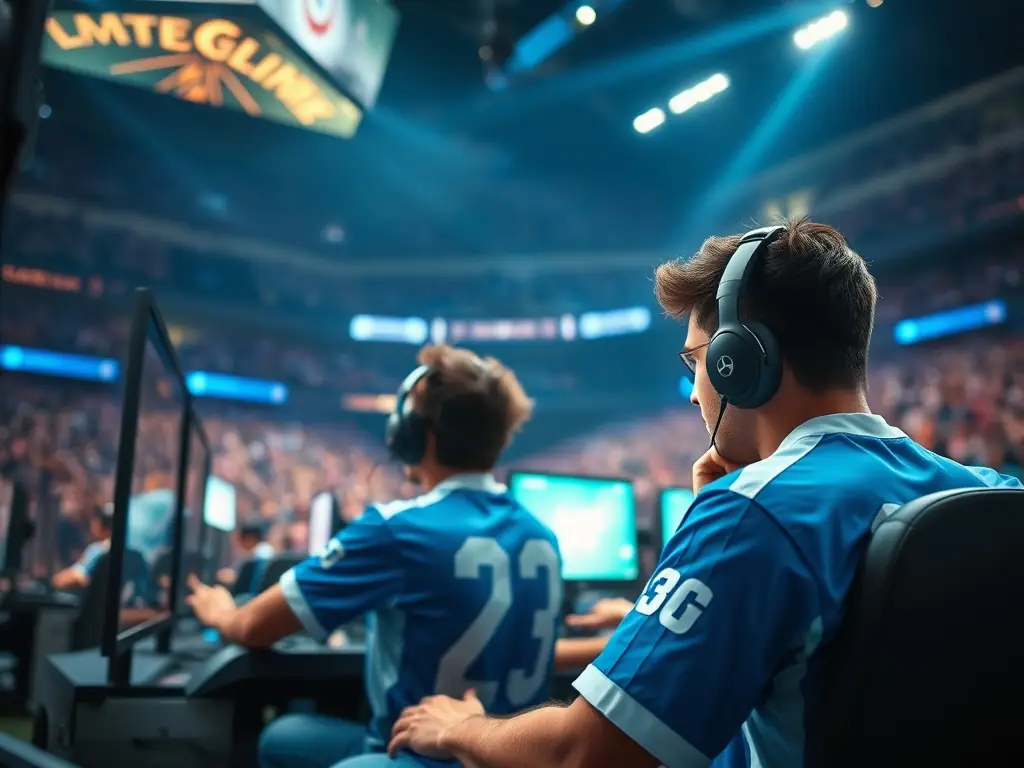 A vibrant image featuring a group of esports players intensely focused on their screens during a tournament, with dynamic lighting and team branding visible.