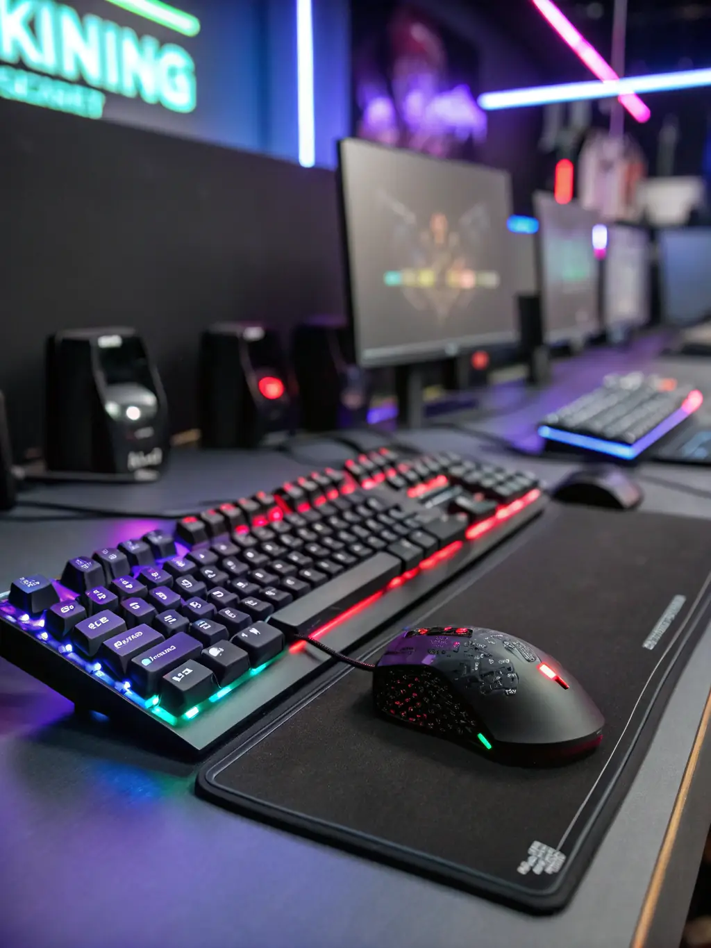 A close-up shot of high-quality gaming accessories like headsets, mice, and keyboards, showcasing their design and functionality.