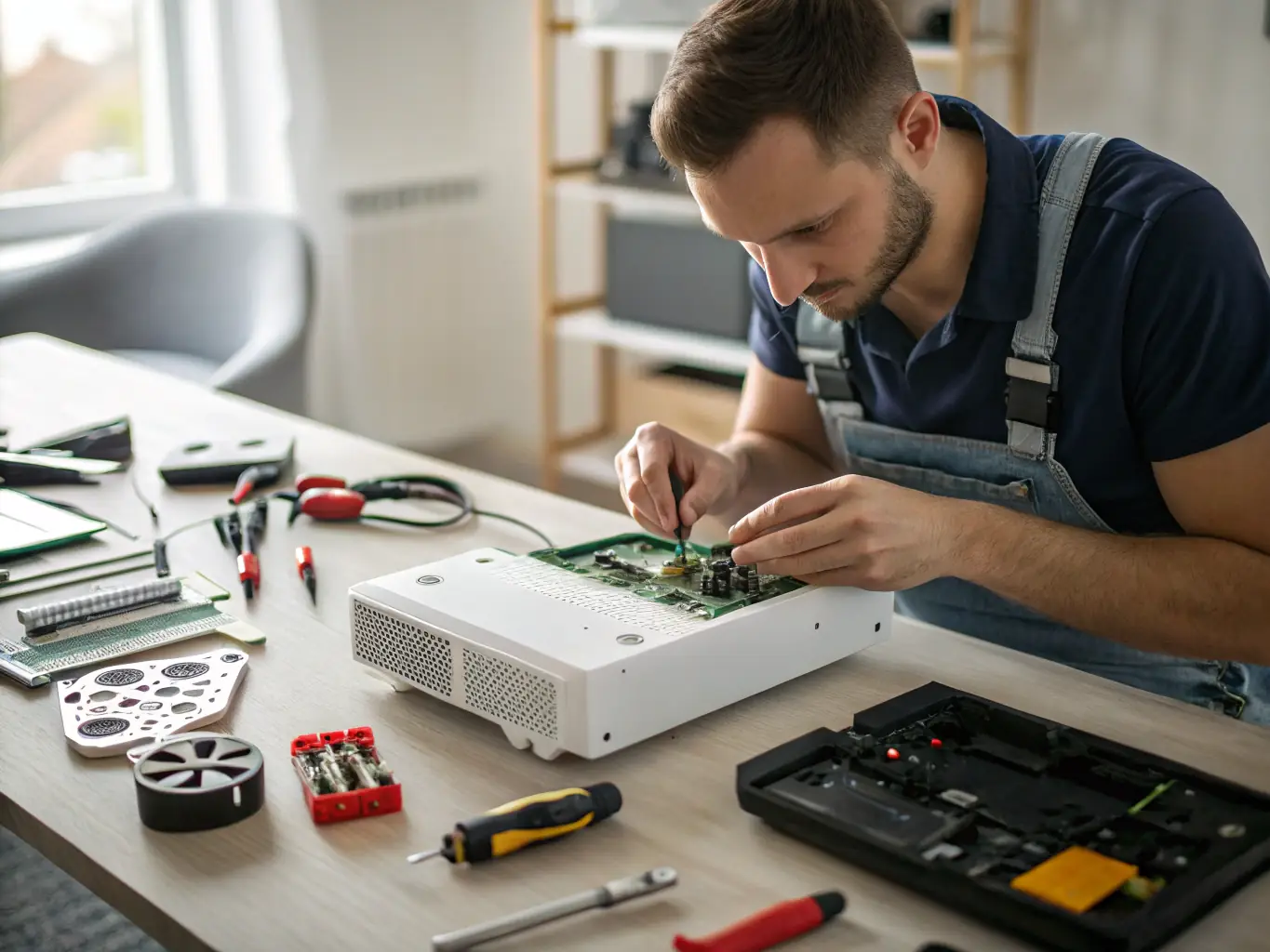 A technician repairing a gaming console, highlighting the console repair service. The image should convey reliability and technical skill.