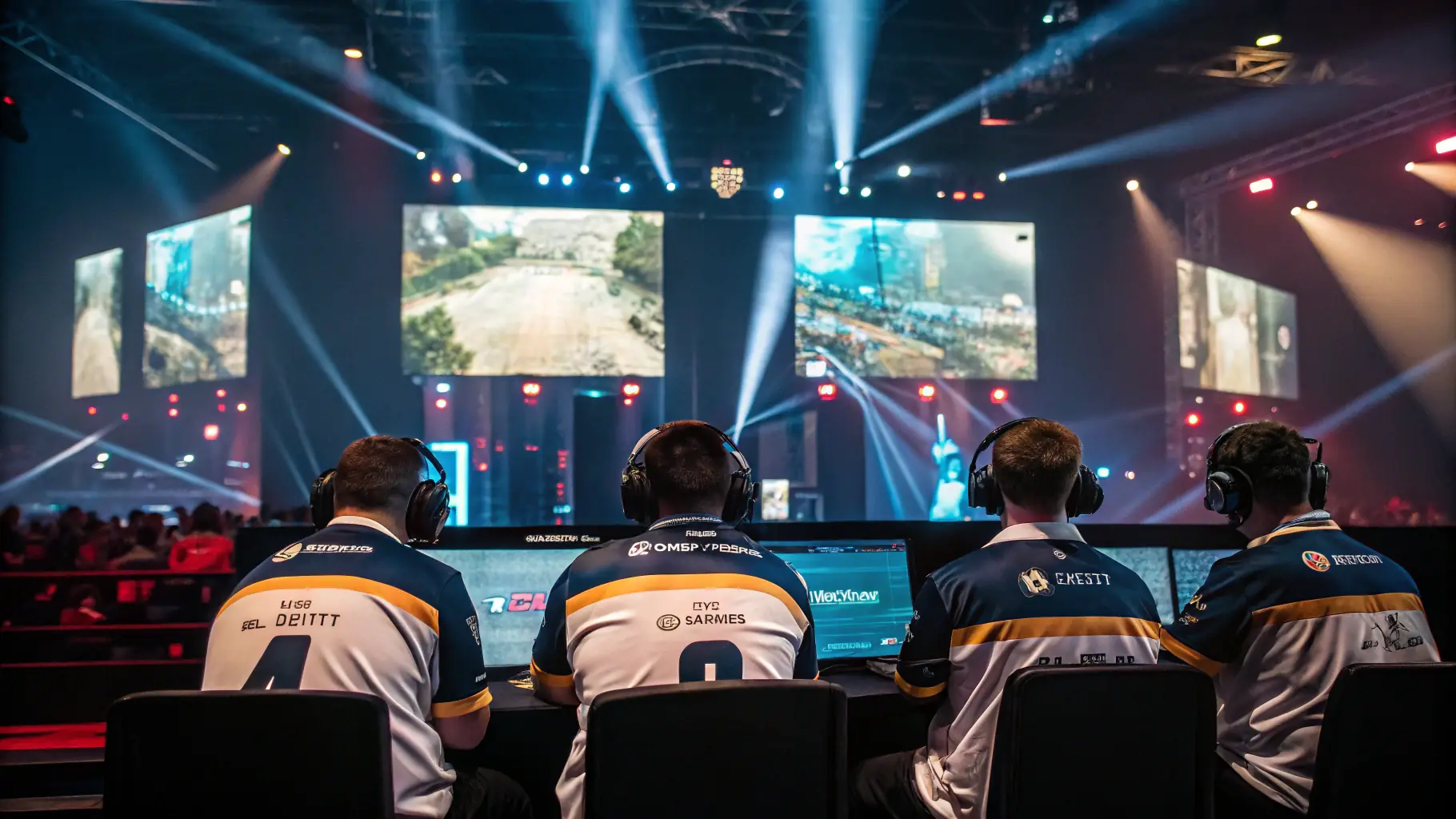 A group of gamers competing in a live esports tournament, with bright stage lights and a large screen displaying the game.