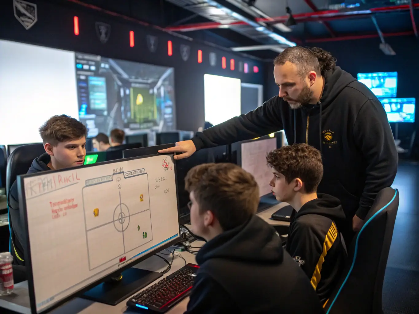 A professional esports coach guiding a player, illustrating the esports coaching service. The image should convey mentorship and strategic guidance.