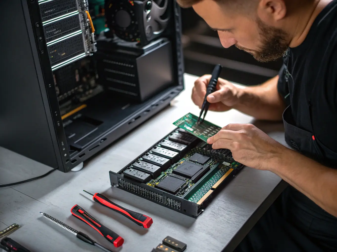 A high-end gaming PC being assembled by a technician, showcasing the PC build and upgrade service. The image should convey precision and expertise.